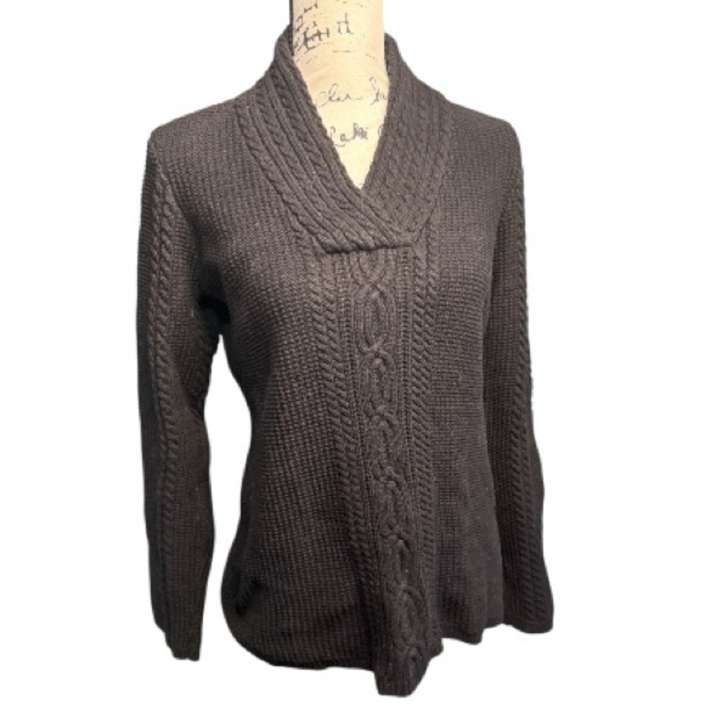 Nautica Shawl Collar Cable Knit Sweater Women’s L Black Cozy Textured Pullover